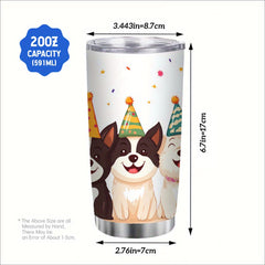 20oz Stainless Steel Mug Smiling Dogs Party Hats Leakproof Lid Travel Cup
