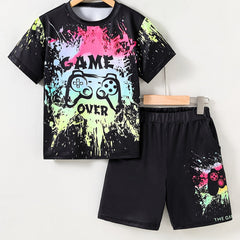 GAME OVER Boy's 2pcs T shirt & Shorts Set Gamepad Cartoon Print Casual Outfit