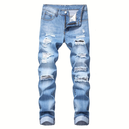 Mens Ripped Straight Denim Jeans With Pockets