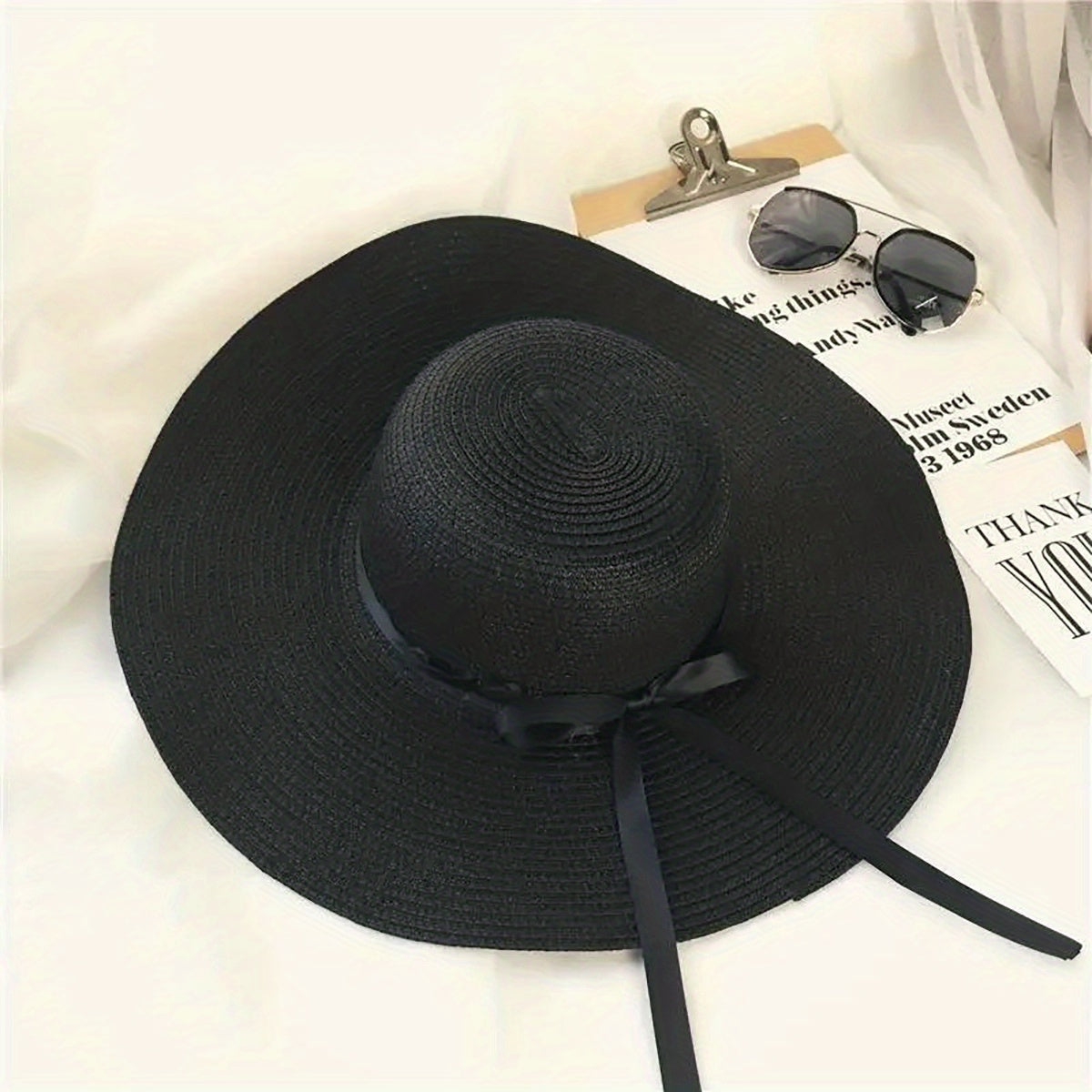 Straw Sun Hat Ribbon Bowknot Solid Sunscreen Beach Hats Floppy Foldable Cap