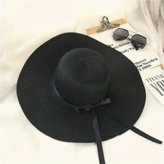 Straw Sun Hat Ribbon Bowknot Solid Sunscreen Beach Hats Floppy Foldable Cap