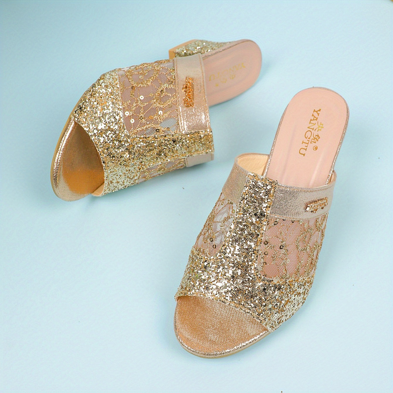 Women's Glitter Sequins Chunky Heels Slip On Mid Heels Women's Outdoor Pumps