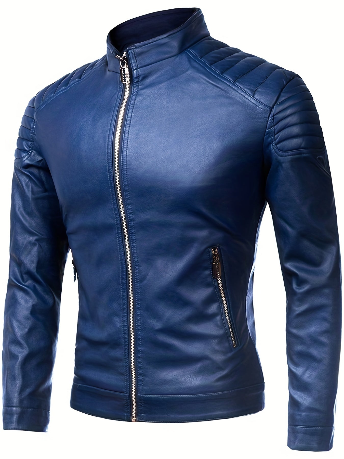 Men's Casual Faux Leather Biker Jacket Zip Up Stand Collar for Spring Fall