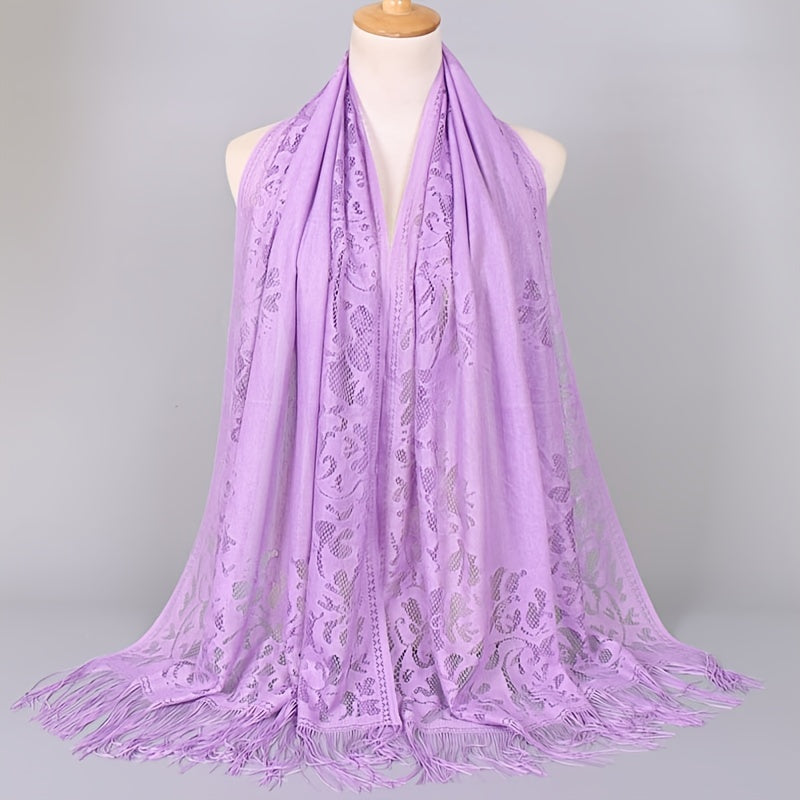 Floral Lace Scarf Shawl With Tassels Soft Mesh Fringe Wraps