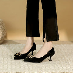 Women's Pointed Toe Kitten Heels with Metallic Buckle Decor