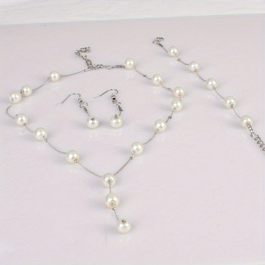 Faux Pearls Jewelry Set With Necklace Earrings Bracelet