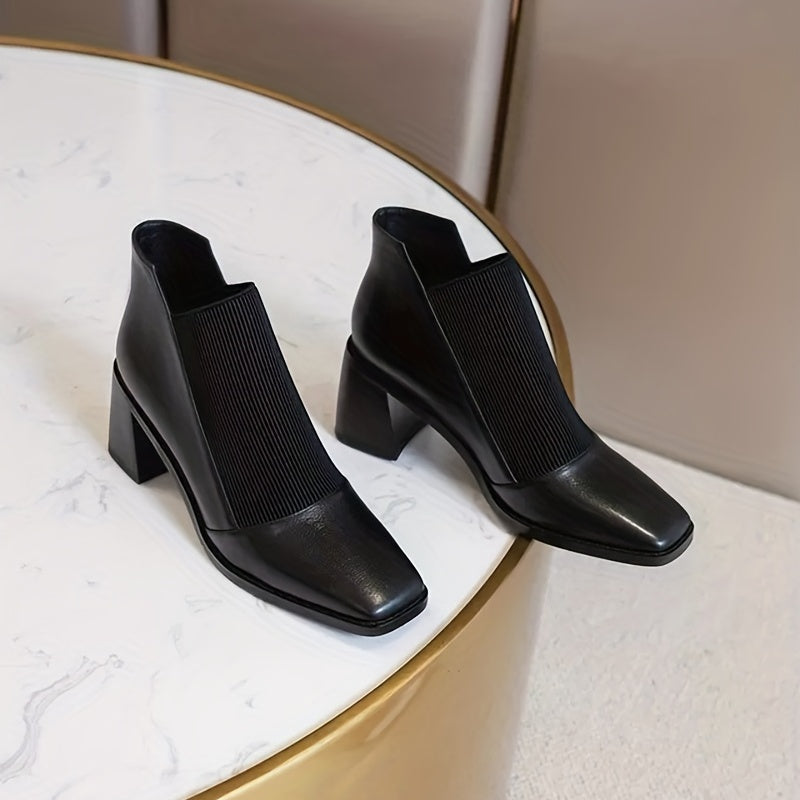 Women's Chunky Heel Ankle Boots Square Toe Knitted Slip On High Heels