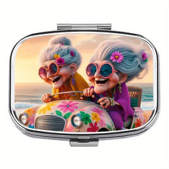 Whimsical Driving Grandmas Pill Box 2 Compartment Metal Medicine Case
