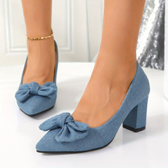 Women's Bowknot Denim Pumps Pointed Toe Slip On Mid Heels Dress Shoes