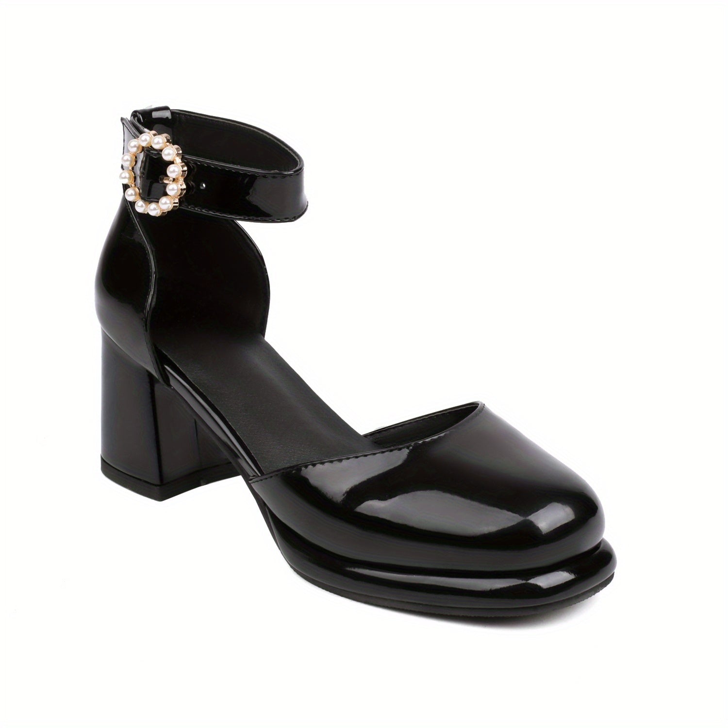 Women's Chunky Heels Pearl Strap Pumps Faux Leather