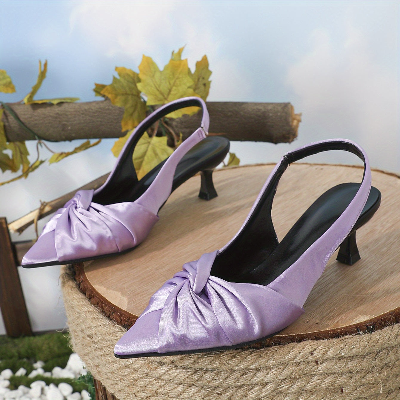 Women's Knot Kitten Heels Pointed Toe Slingback Satin Low Heels