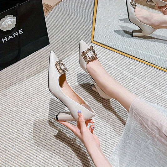 Women's Rhinestone Buckle Decor Pointed Toe Pumps Slip On High Heels