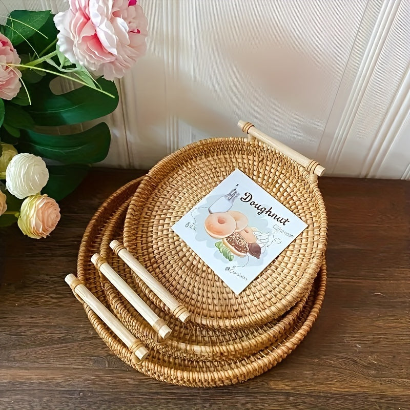 Rattan Serving Tray Double Ear Tea Tray Fruit Plate Bread Snack Basket