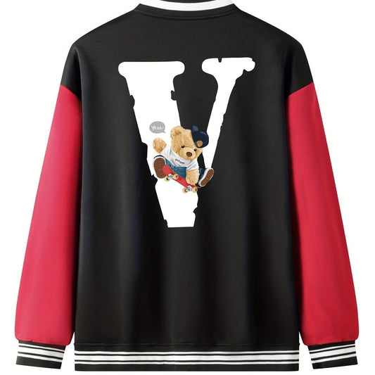 V Letter Print Teddy Bear Pattern Graphic Baseball Jacket Men's Clothes