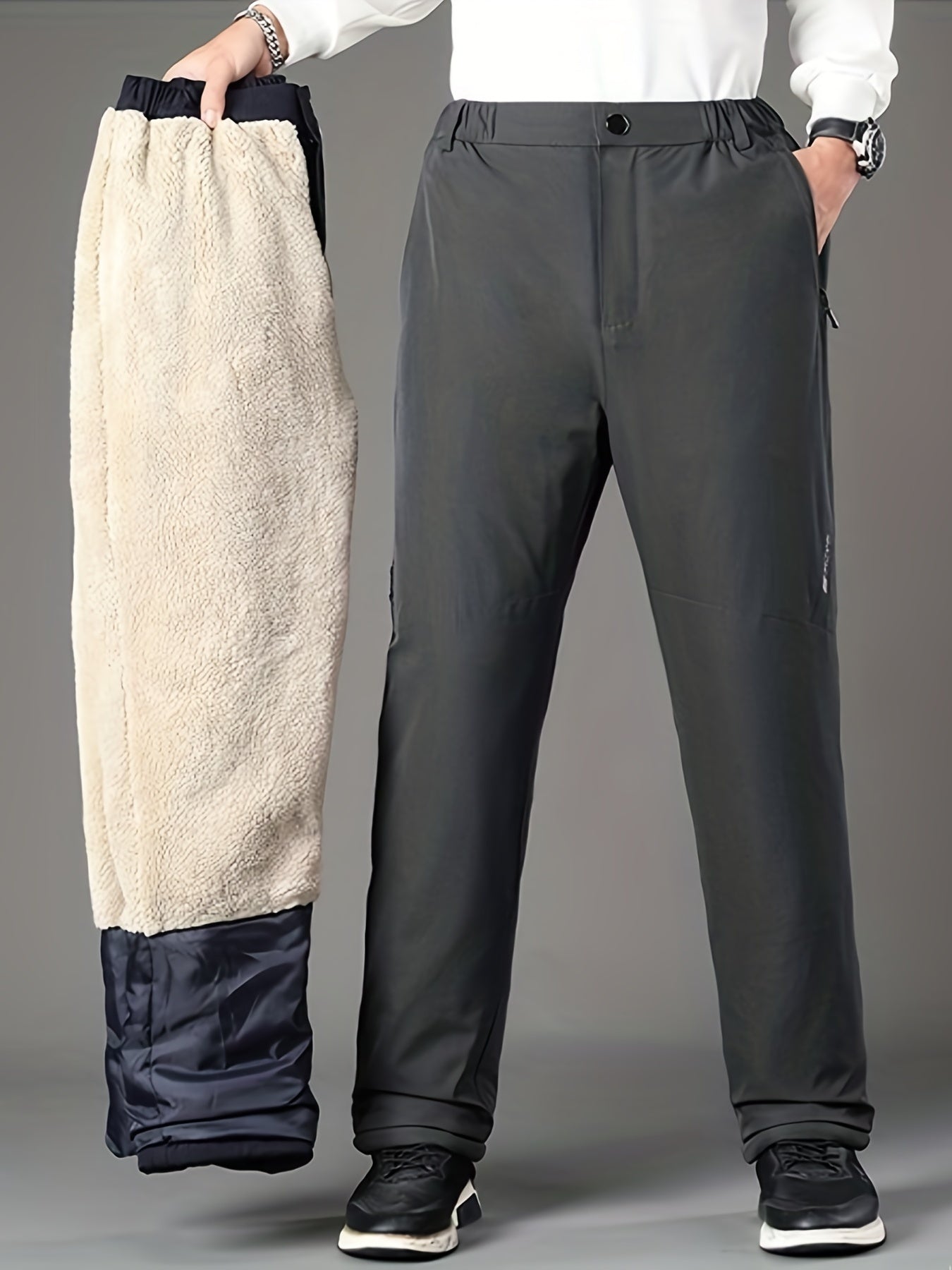 Men's Winter Warm Fleece Lined Pants Outdoor Sports Camping Straight Pants