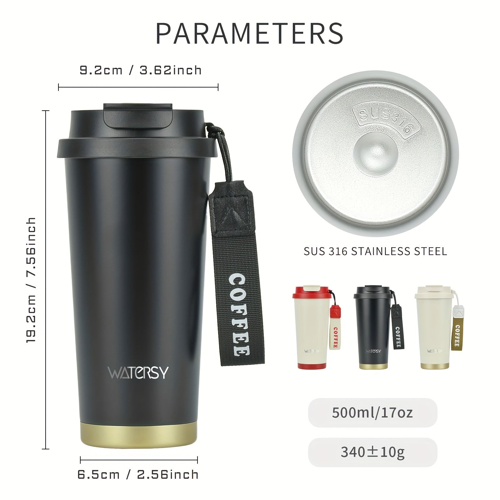 WATERSY 500ml Travel Mug Insulated Coffee Cup Leakproof Lids Straw Vacuum