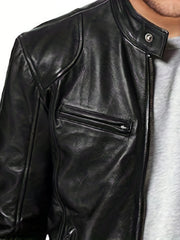 Men's Casual Solid Zip Up Stand Collar Faux Leather Jacket