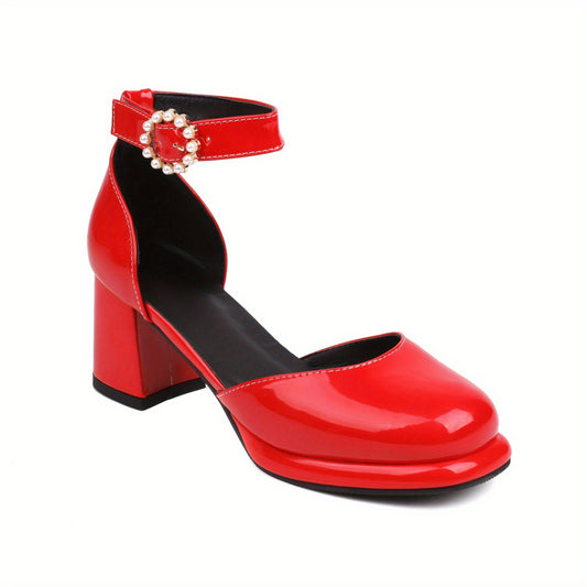 Women's Chunky Heels Pearl Strap Pumps Faux Leather