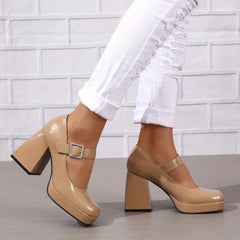 Women's Block Heeled Mary Jane Square Toe High Heels