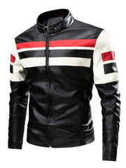 Men's Striped Leather Jacket Stand Collar Motorcycle Coat