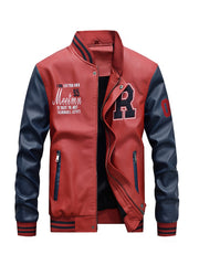 Men's Casual Zipper Baseball Collar PU Leather Jacket