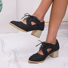 Women's Chunky Heels Perforated Brogues Retro Lace Up Stacked Mid Heels
