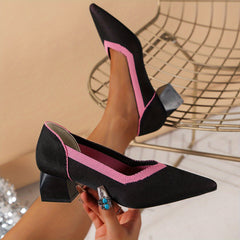 Women's Breathable Chunky Heels Colorblock Pumps Comfortable Dress Heels