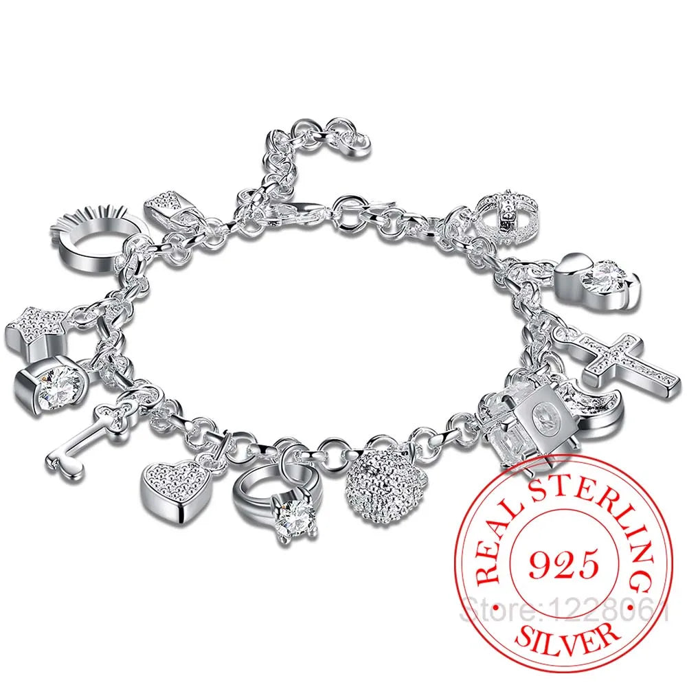 925 Silver Charms Bracelet with Zircon Heart Star Moon Flower, Women's Jewelry