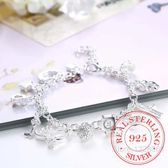 925 Silver Charms Bracelet with Zircon Heart Star Moon Flower, Women's Jewelry