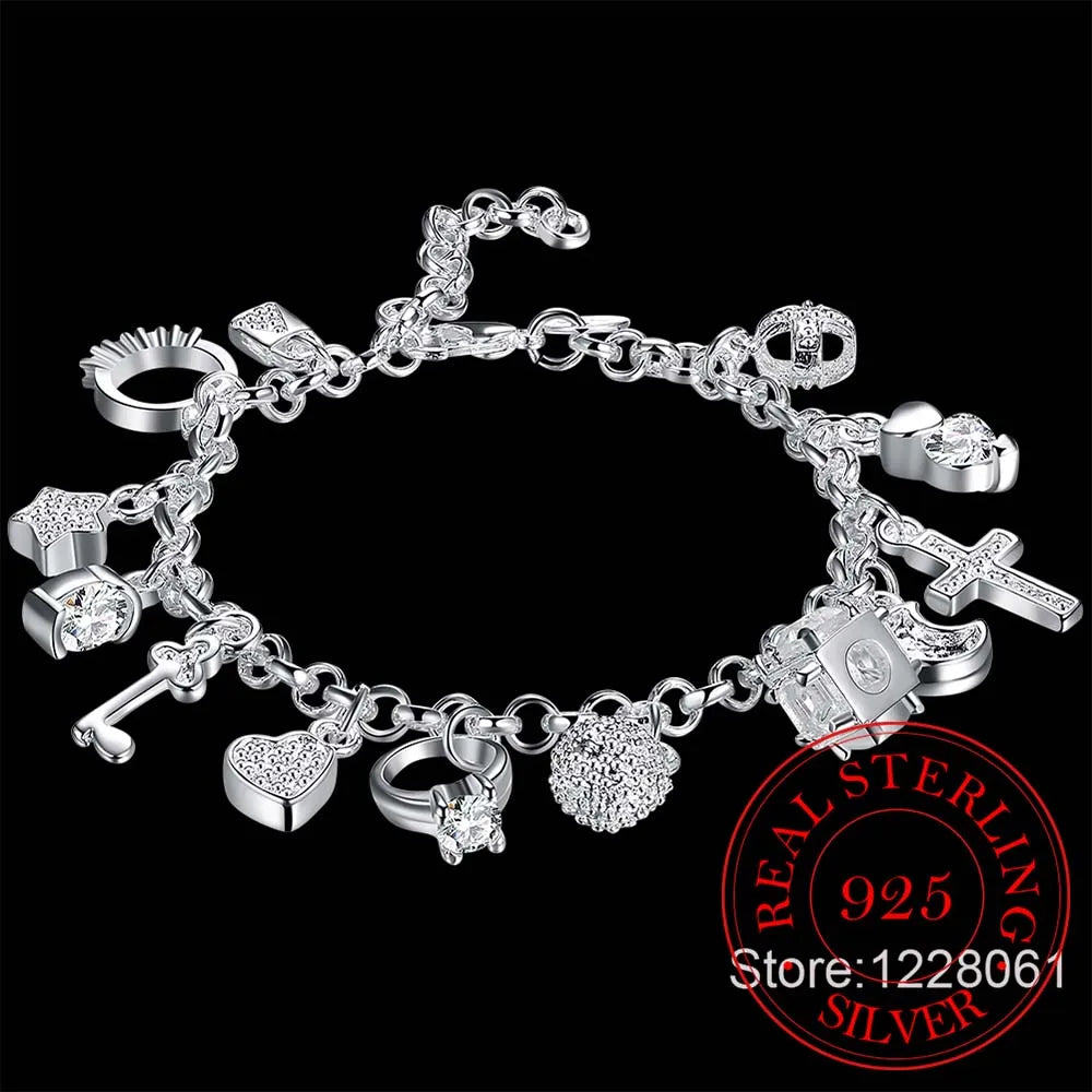 925 Silver Charms Bracelet with Zircon Heart Star Moon Flower, Women's Jewelry