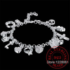 925 Silver Charms Bracelet with Zircon Heart Star Moon Flower, Women's Jewelry