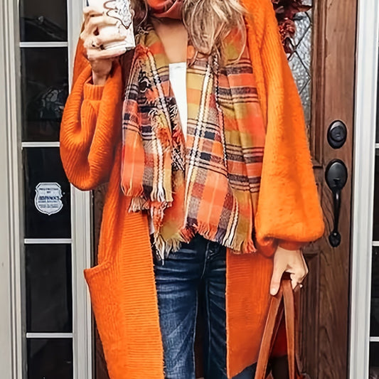 Solid Lantern Sleeve Open Front Cardigan With Pockets