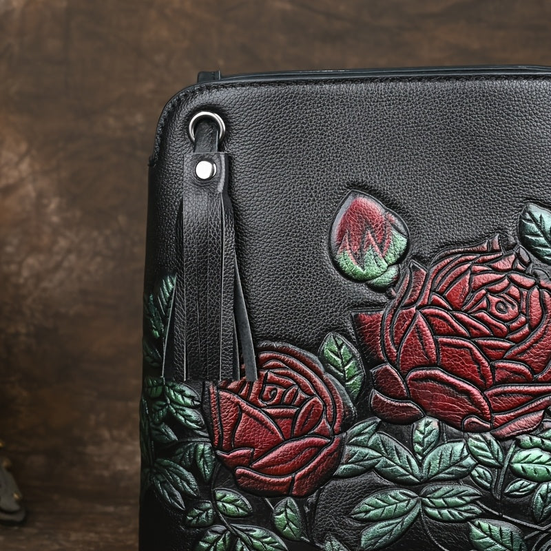 Floral Embossed Leather Crossbody Bucket Bag with Tassel