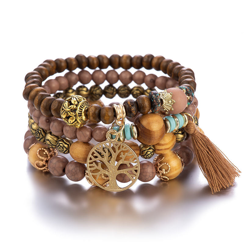 Boho Tree & Tassel Charm Beaded Bracelet Set