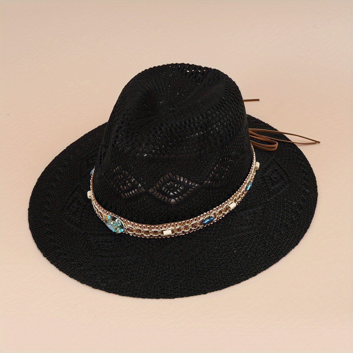 Boho Belt Decor Geometric Crochet Fedora Cap Breathable Summer Beach Hat