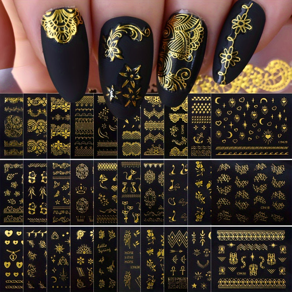 30pcs Golden Foil Nail Art Stickers Set Self Adhesive Metallic Decals