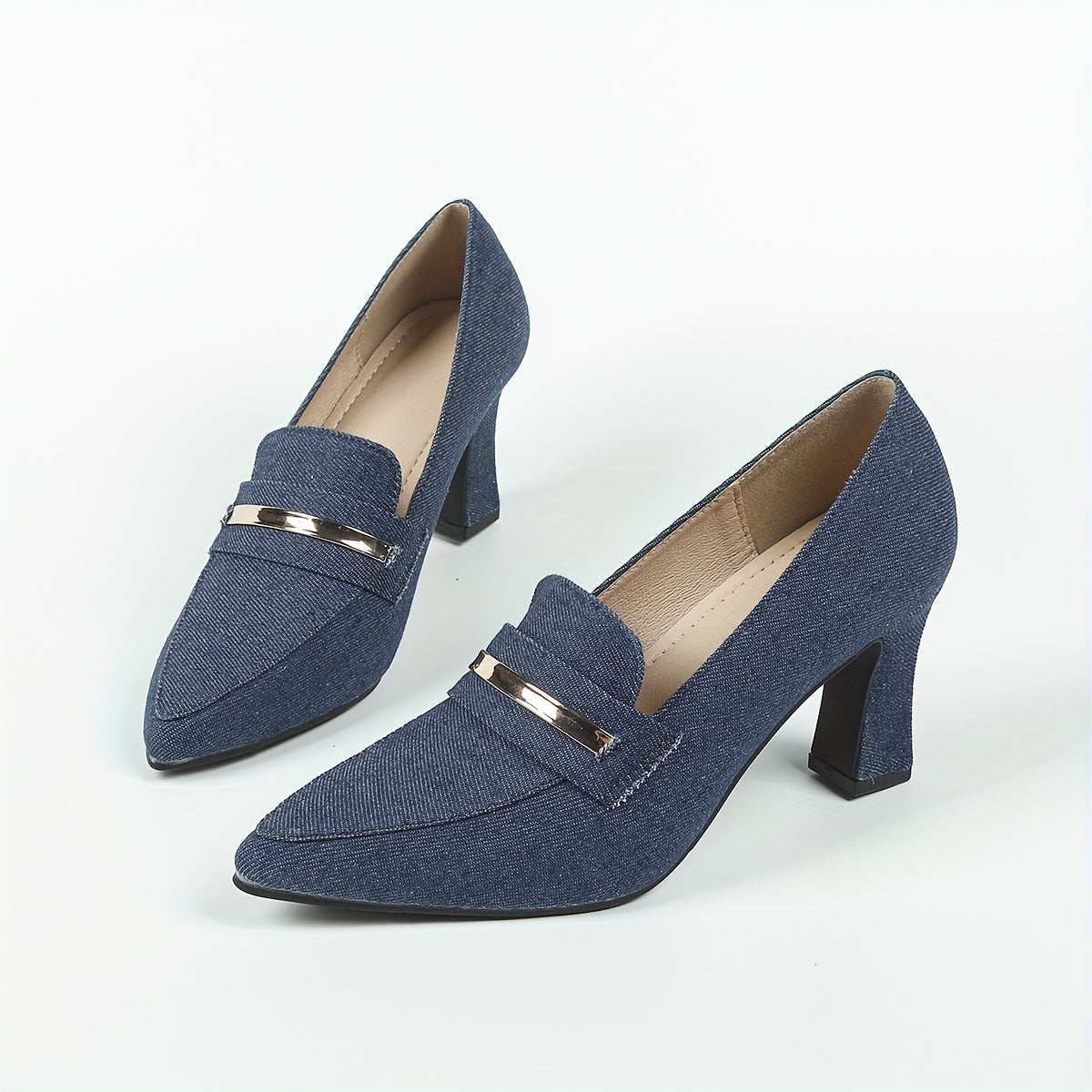 Women's Denim Loafers Pumps Pointed Toe Slip On Chunky Heels