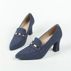 Women's Denim Loafers Pumps Pointed Toe Slip On Chunky Heels