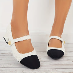 Women's Tweed Low Heel Mary Jane Colorblock Chunky Heels