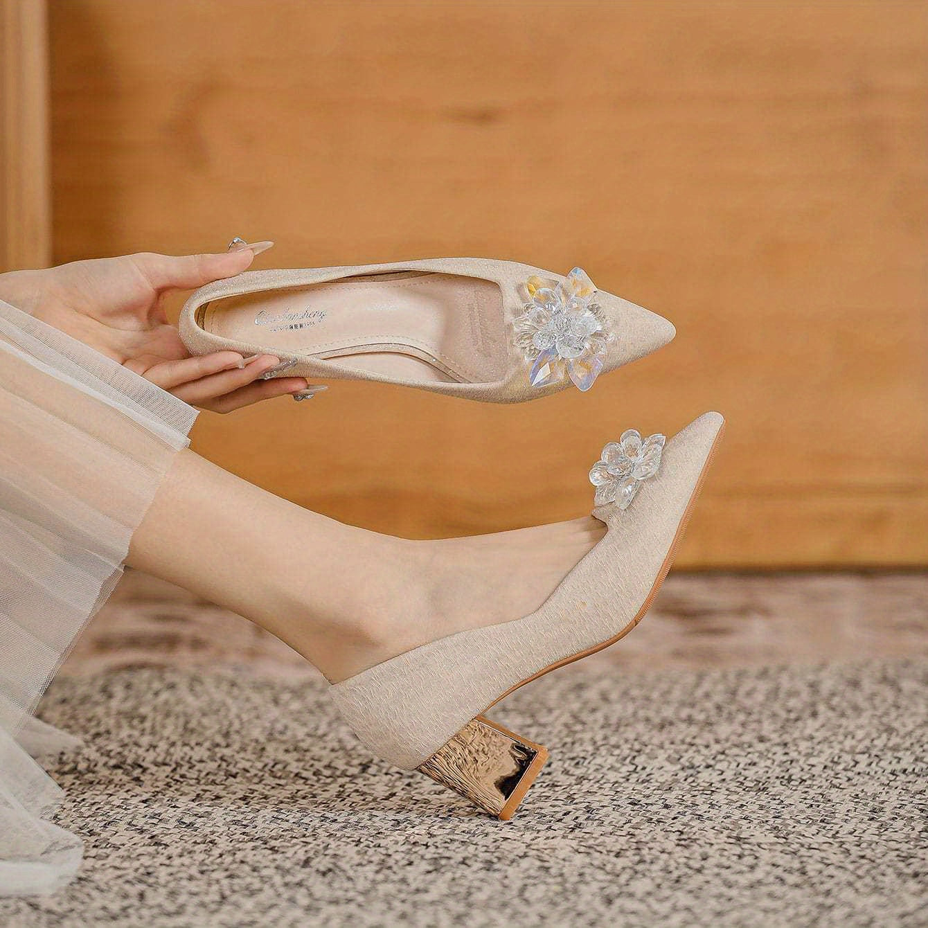 Women's Pointed Toe Chunky Heels Floral Rhinestone Slip On Wedding Heels