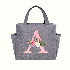 Stylish Insulated Canvas Lunch Bag Floral Print Zip Closure For Work