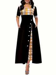 Plaid Print Splicing Dress Casual Crew Neck Short Sleeve Summer Asymmetrical Dre