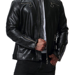 Men's Slim Fit PU Leather Jacket with Stand Collar
