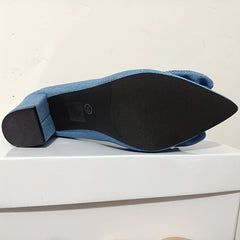 Women's Bowknot Denim Pumps Pointed Toe Slip On Mid Heels Dress Shoes