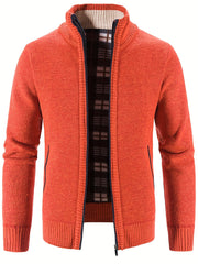 Men's Warm Stand Collar Fleece Jacket Semi-Formal Solid Zip Up Cardigan