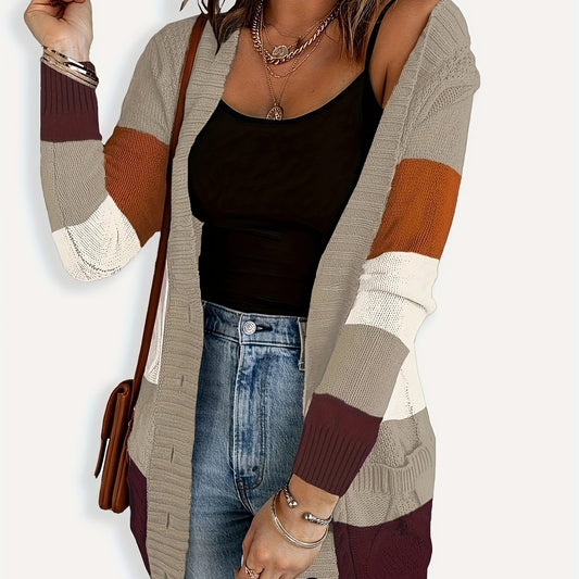 Colorblock Long Sleeve Button Up Sweater Cardigan With Pockets