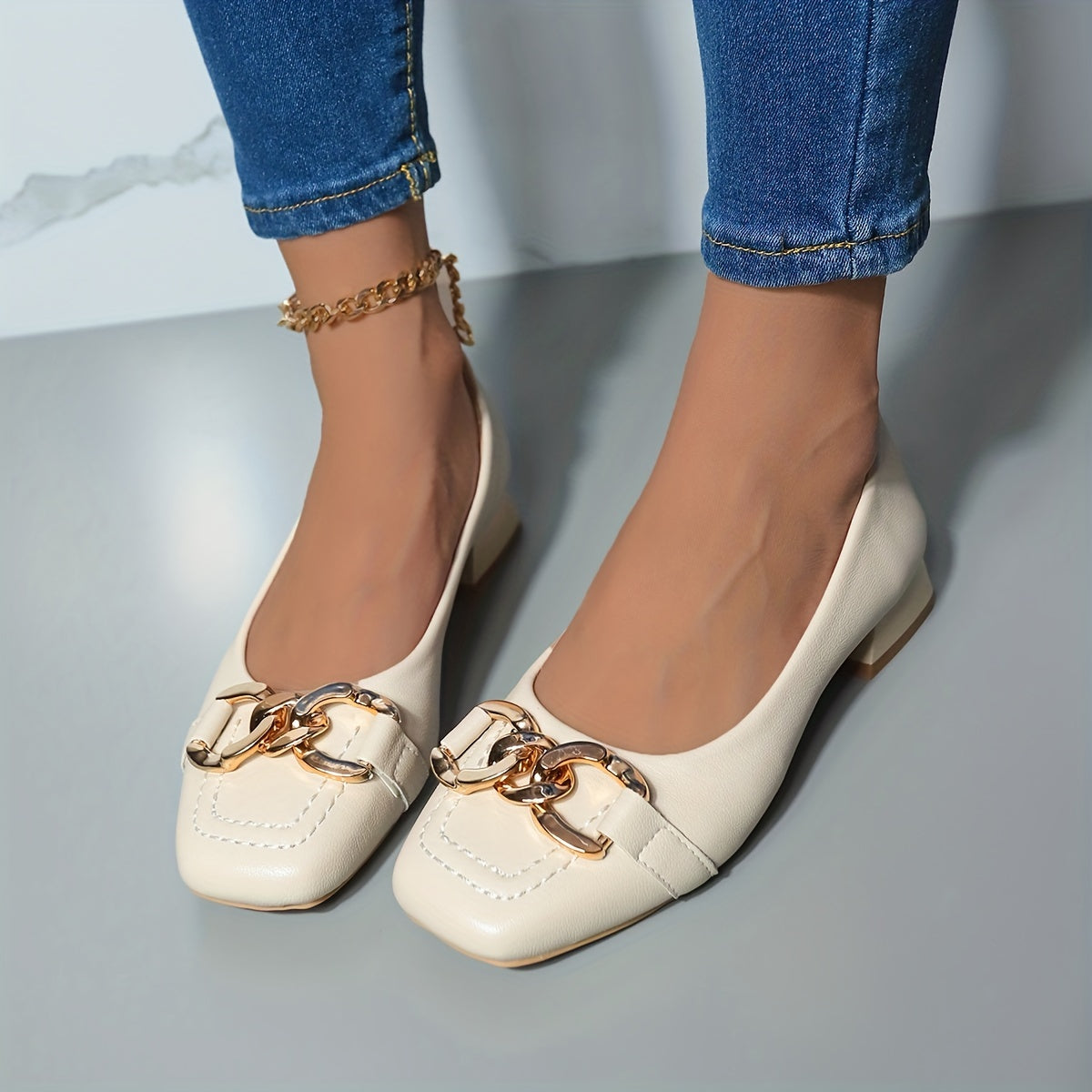 Women's Square Toe Low Heels Metallic Buckle Soft Sole Shoes