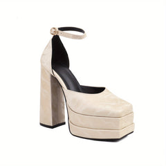 Women's Solid Block Heels Buckle Strap Platform Pumps Dress Heels