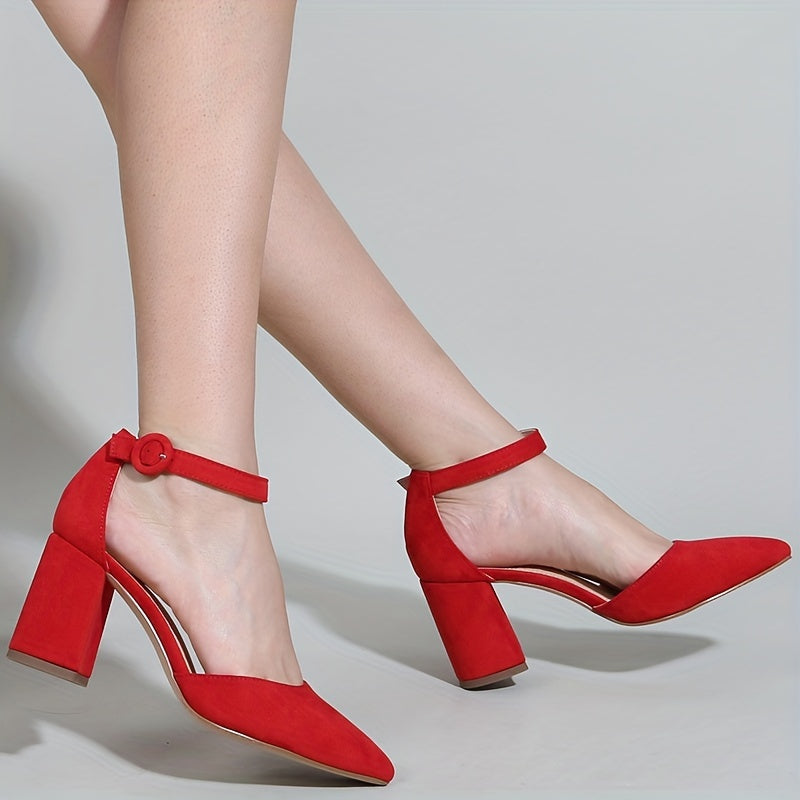 Women's Block Heeled Sandals Pointed Toe Ankle Strap Pumps Solid Heels