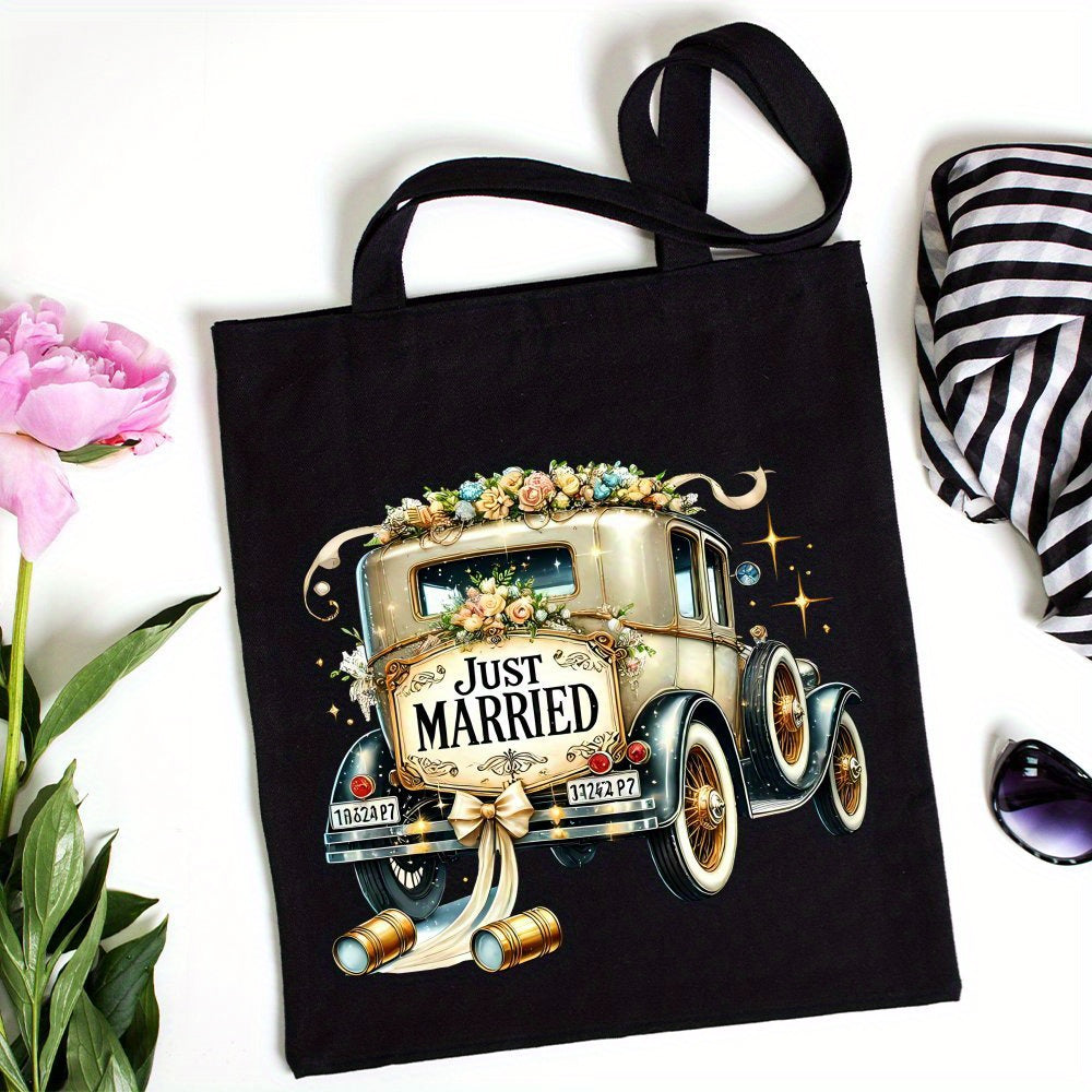 Vintage Wedding Truck Print Canvas Tote Bag